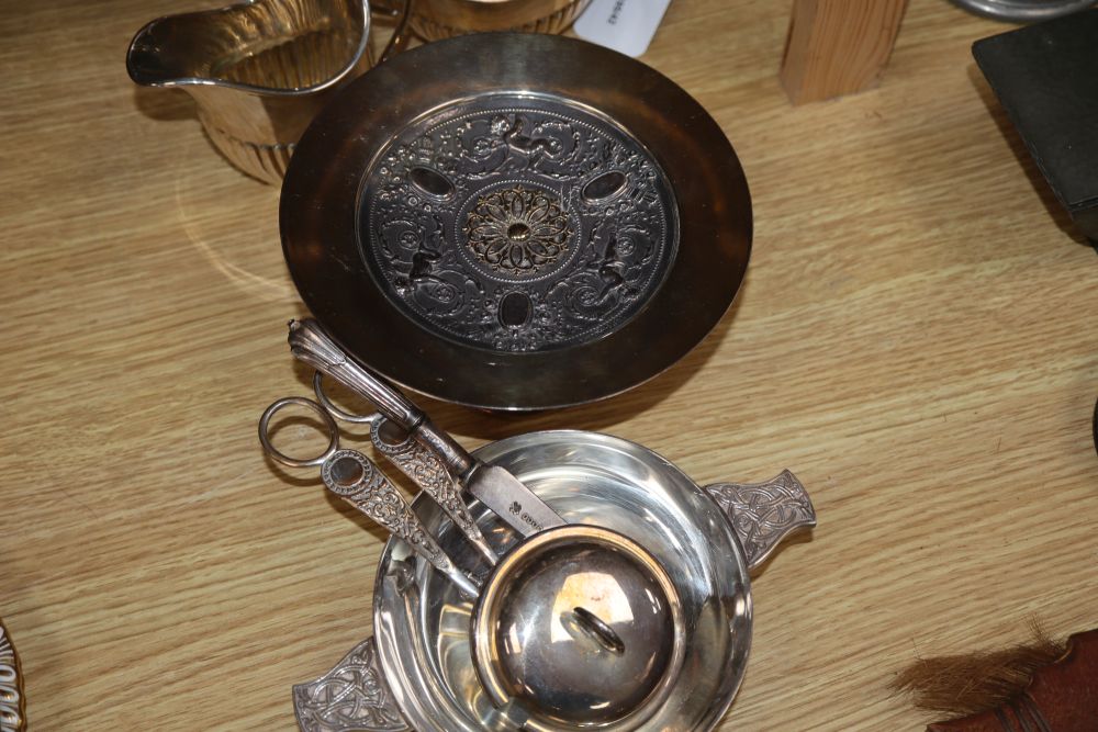 A pair of plated candlesticks, height 25cm and a small quantity of other plated items